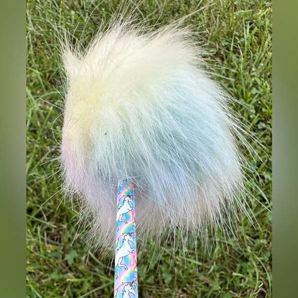 Justice Girls Tie Dye Unicorn Rainbow Pom Pom Fluffy Blue Pen with Tip Cover - Picture 7 of 16
